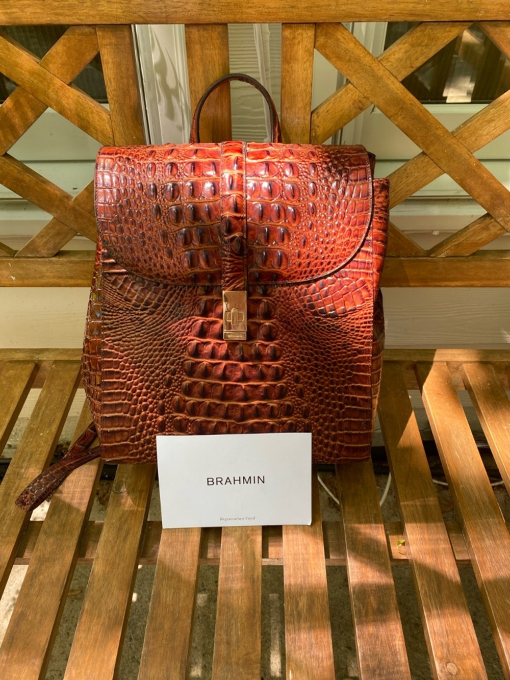 Brahmin Croc-Embossed Leather Backpack in Cognac